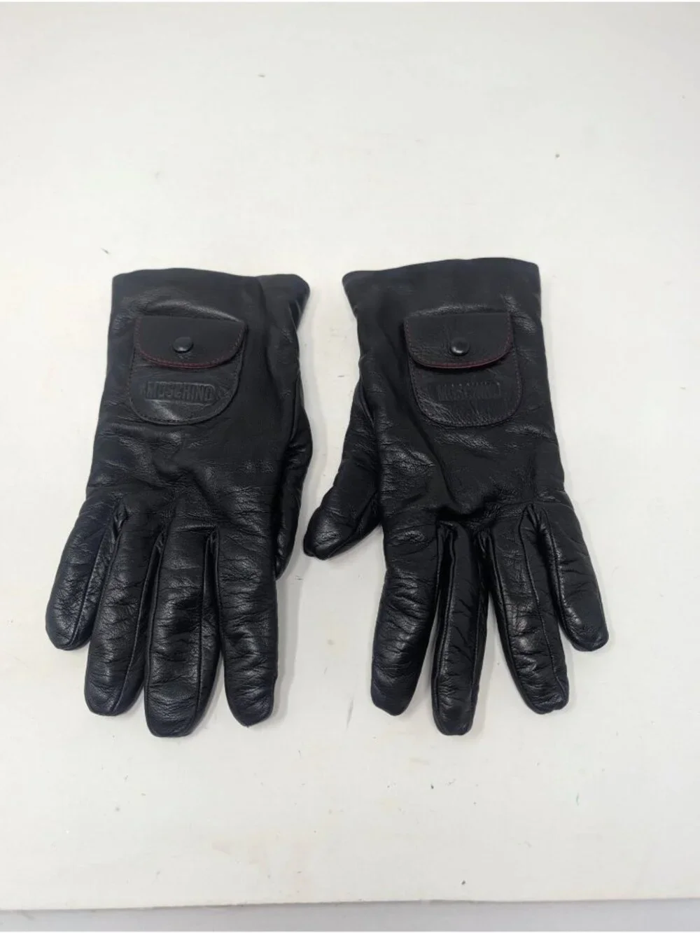 Vintage Y2K Moschino Black Leather Gloves Medium Italy Lambswool